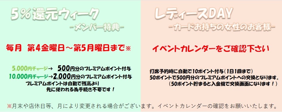 日頃の感謝を込めて ☆5パーセント還元ウィーク☆ 第4　金・土・日・月5,000円・10,000円をチャージして 　　頂いた方に5パーセント分のポイント券を進呈致します！ 最大で2,000円もお得に！！！！！